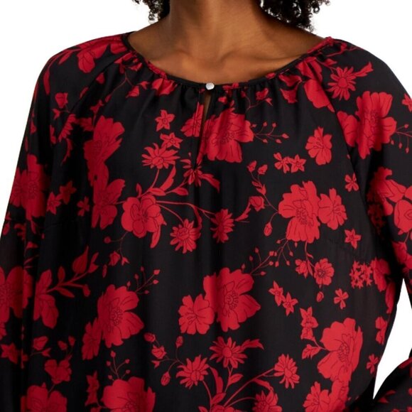 Tinsel Petite XS Black & Red Floral Front-Keyhole Blouson-Sleeve Blouse/Top NWT - Picture 3 of 7